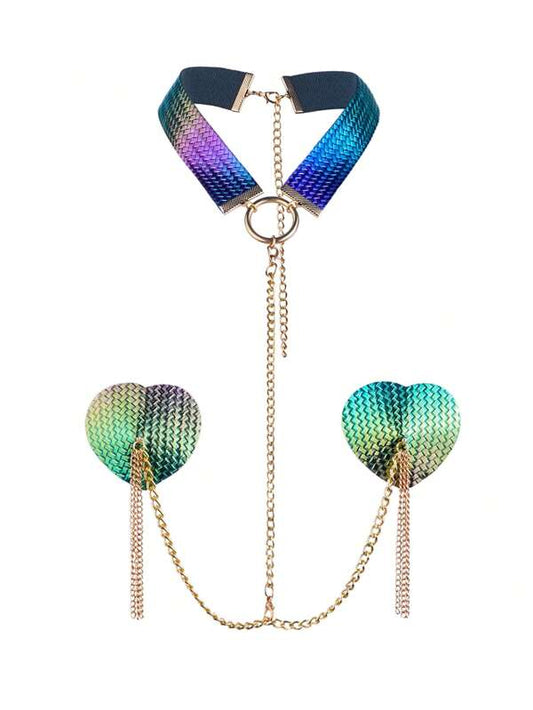 Rainbow nipple covers with tassles, chain and choker.